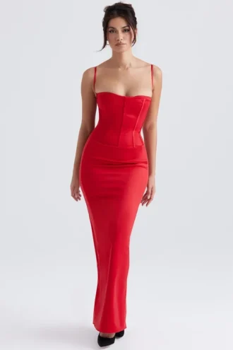 Abito lungo a corsetto in raso rosso Shani