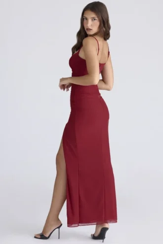 Abito lungo a corsetto in rete elasticizzata rosso intenso Lini