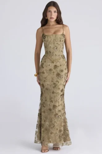 Abito lungo a corsetto Naima in bronzo oliva con decorazioni ricamate a mano – Edizione limitata