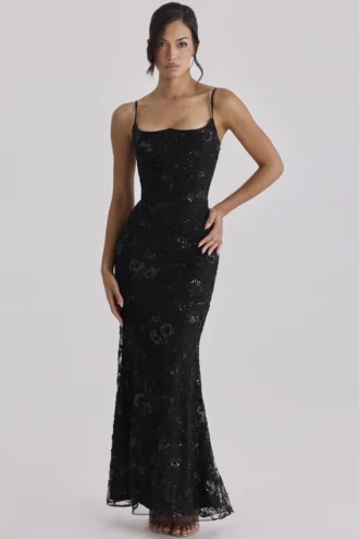Abito lungo a corsetto Naima nero con decorazioni ricamate a mano – Edizione limitata