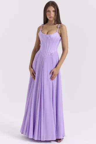Abito lungo a corsetto “Pascha” con farfalle color orchidea