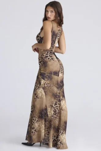 Abito lungo a pannelli in georgette con stampa leopardata Sacha – Edizione limitata