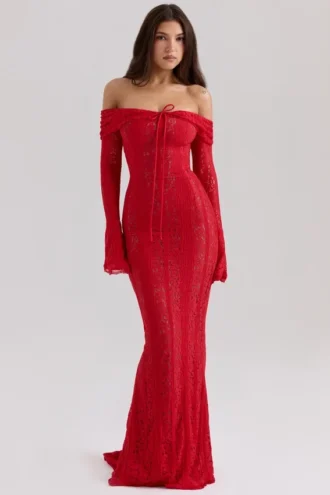 Abito lungo Belle rosso con spalle scoperte in pizzo floreale