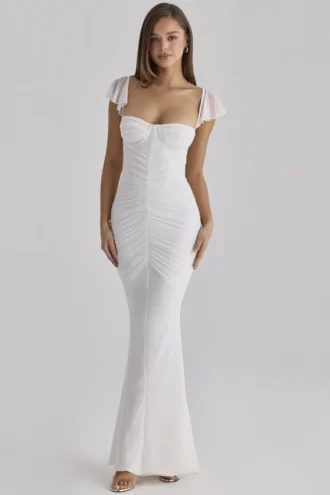 Abito lungo bianco con arricciature in rete “Antonella”