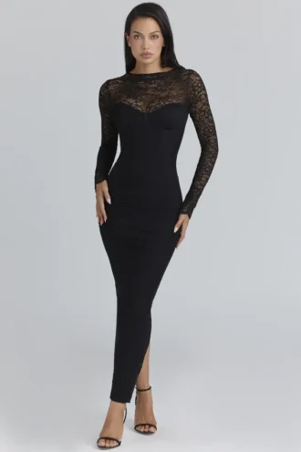 Abito lungo con corsetto e maniche lunghe in pizzo nero Shiloh