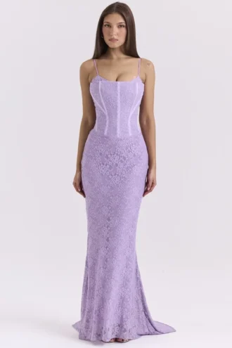 Abito lungo con corsetto in pizzo Antonina Orchid