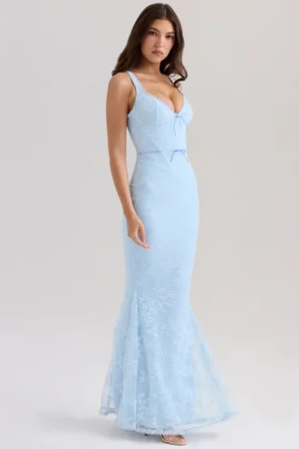 Abito lungo con godet in pizzo blu Sarai