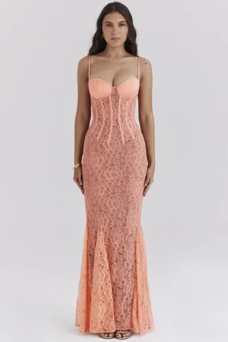 Abito lungo con godet in pizzo Cordelia Sorbet