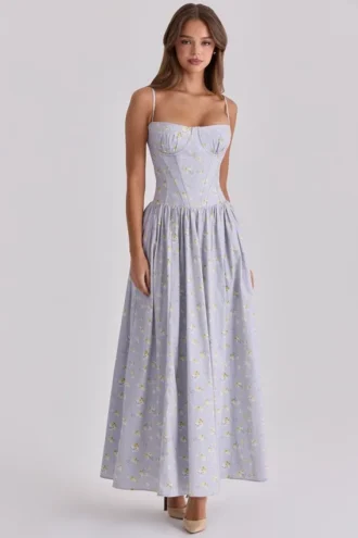 Abito lungo con lacci in cotone con stampa di fiori selvatici blu Rona