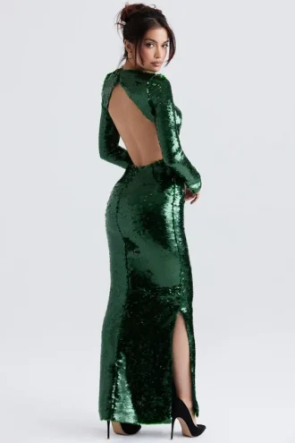 Abito lungo con paillettes Belle verde pino