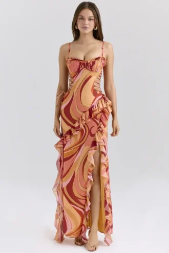 Abito lungo con volant e stampa Lumira Sunset Swirl