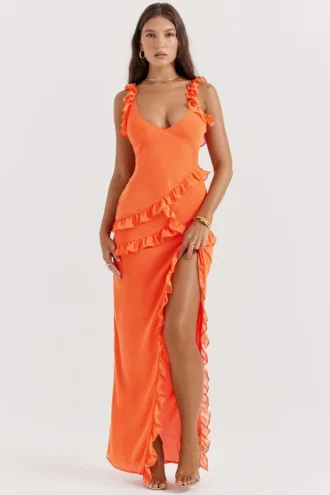 Abito lungo con volant Pixie in arancione fiamma