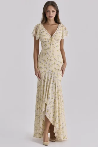 Abito lungo da tè in georgette con stampa floreale Amina Lemon