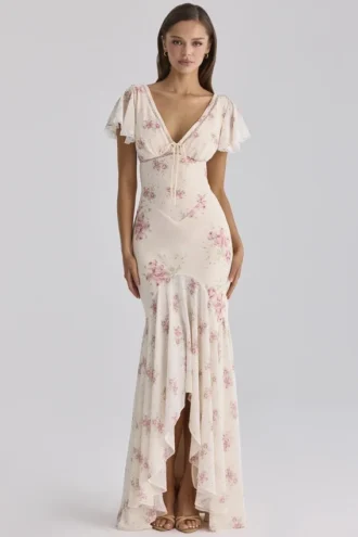 Abito lungo da tè in georgette con stampa rose vintage Amina Ivory