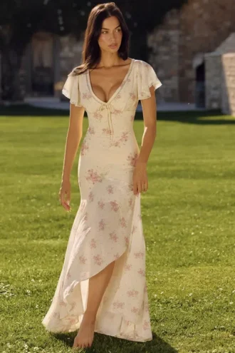 Abito lungo da tè in georgette con stampa rose vintage Amina Ivory