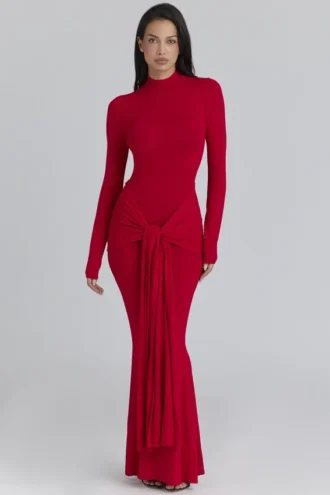 Abito lungo drappeggiato sui fianchi Imogen rosso scarlatto