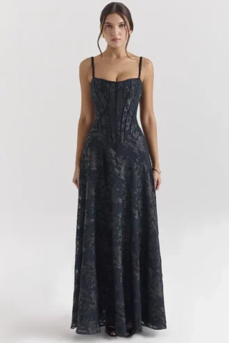 Abito lungo in chiffon lurex blu notte “Esme”
