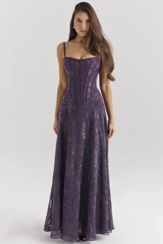 Abito lungo in chiffon lurex color uva “Esme”
