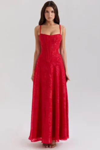 Abito lungo in chiffon lurex rosso Esme
