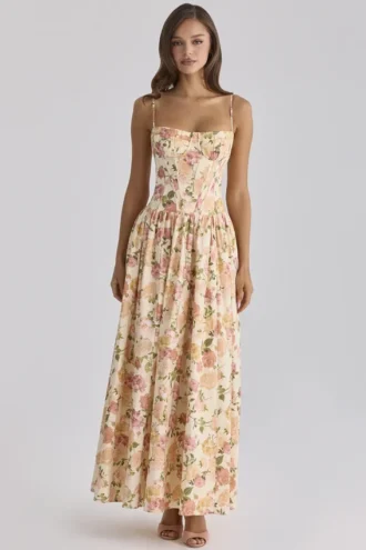 Abito lungo in cotone con stampa Rona Warm Rose