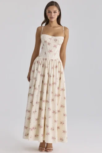 Abito lungo in cotone con stampa vintage a rose Rona Ivory