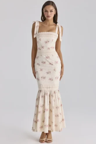 Abito lungo in cotone e pizzo con stampa rose vintage “Alessina” color avorio