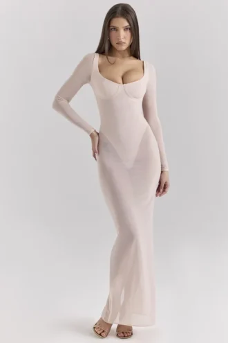 Abito lungo in rete color cipria Everly con Body