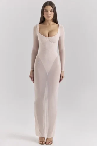 Abito lungo in rete color cipria Everly con Body