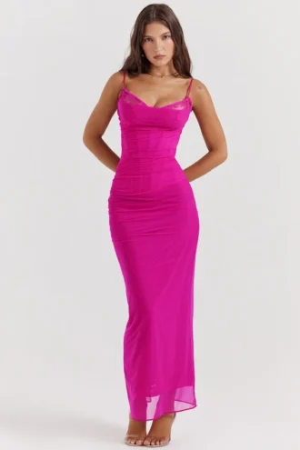 Abito lungo in rete elasticizzata fucsia “Nalini”