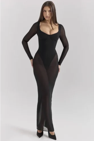 Abito lungo in rete nera Everly con Body