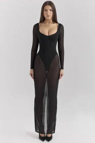 Abito lungo in rete nera Everly con Body