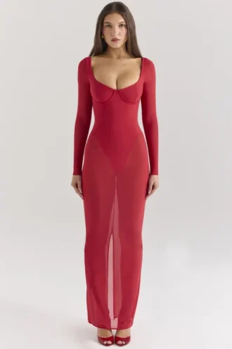 Abito lungo in rete rosso Everly Holly con Body