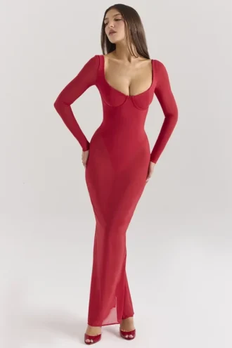 Abito lungo in rete rosso Everly Holly con Body