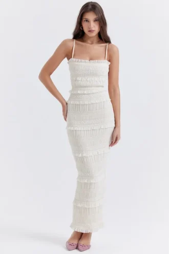 Abito lungo plissettato con paillettes Solana Ivory