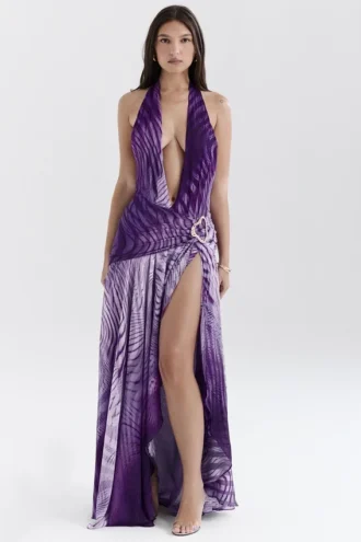 Abito lungo senza schienale con scollo all’americana “Olessia Orchid”