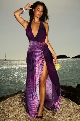 Abito lungo senza schienale con scollo all’americana “Olessia Orchid”