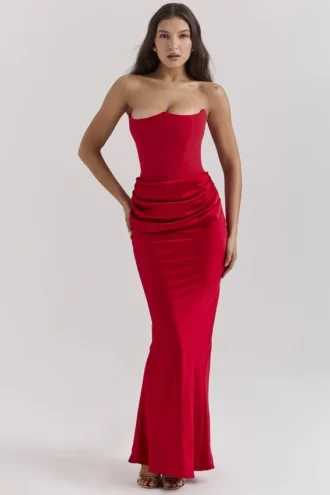 Abito lungo senza spalline con corsetto Persephone Scarlet