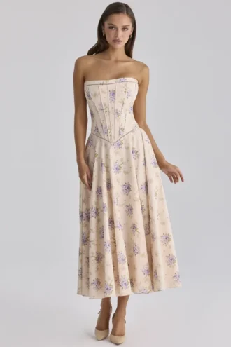 Abito lungo senza spalline Gina Ivory con stampa floreale Sweet Peony