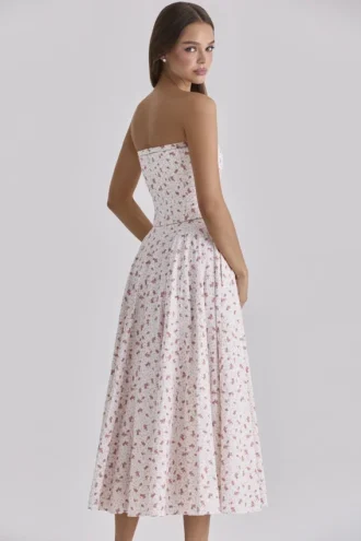 Abito lungo senza spalline in cotone con stampa di rose bianche “Gina”