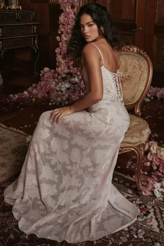 Abito lungo Seren con dorso in pizzo floreale rosa tenue