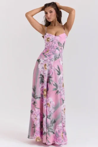 Abito lungo Seren con stampa floreale rosa e retro in pizzo