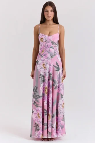 Abito lungo Seren con stampa floreale rosa e retro in pizzo