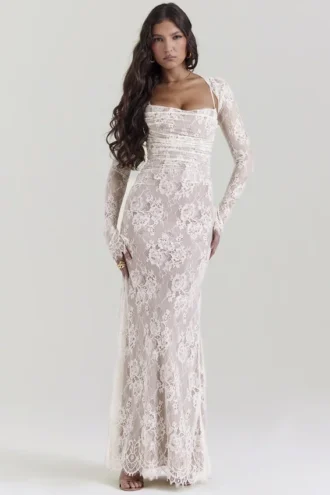 Abito lungo vintage in pizzo color crema Artemis