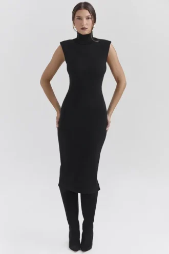 Abito midi a collo alto in misto cashmere nero Gaia