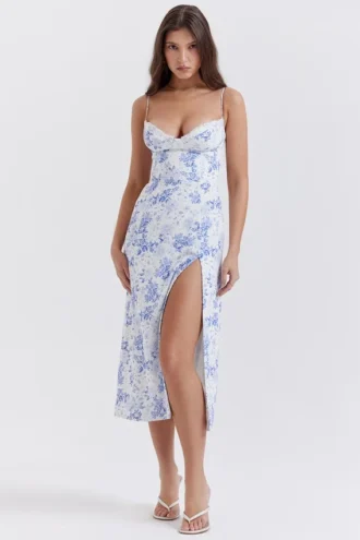 Abito midi a corsetto con stampa blu Charlotte