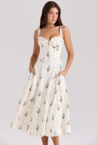 Abito midi a corsetto in cotone con stampa floreale color crema Rosalee