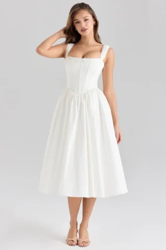 Abito midi a corsetto in cotone elasticizzato bianco Amara