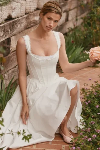 Abito midi a corsetto in cotone elasticizzato bianco Amara