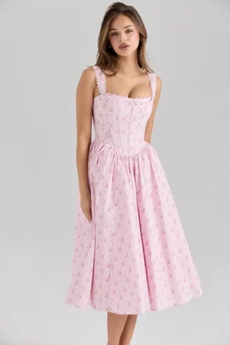 Abito midi a corsetto in cotone elasticizzato con stampa di rose rosa “Amara”