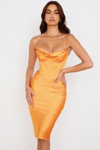 Abito midi a corsetto in raso color mandarino “Myrna”